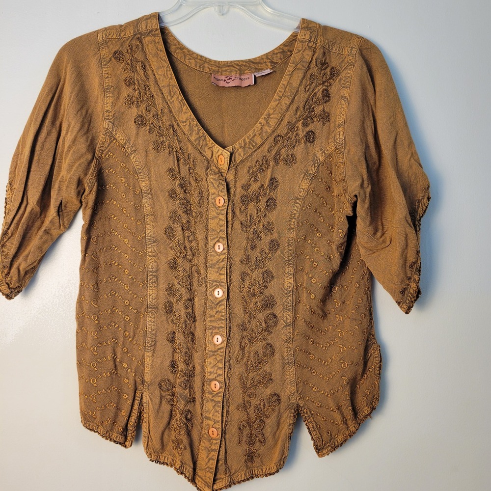 Agan Traders Brown Embroidered Boho Peasant Button Front Top Large